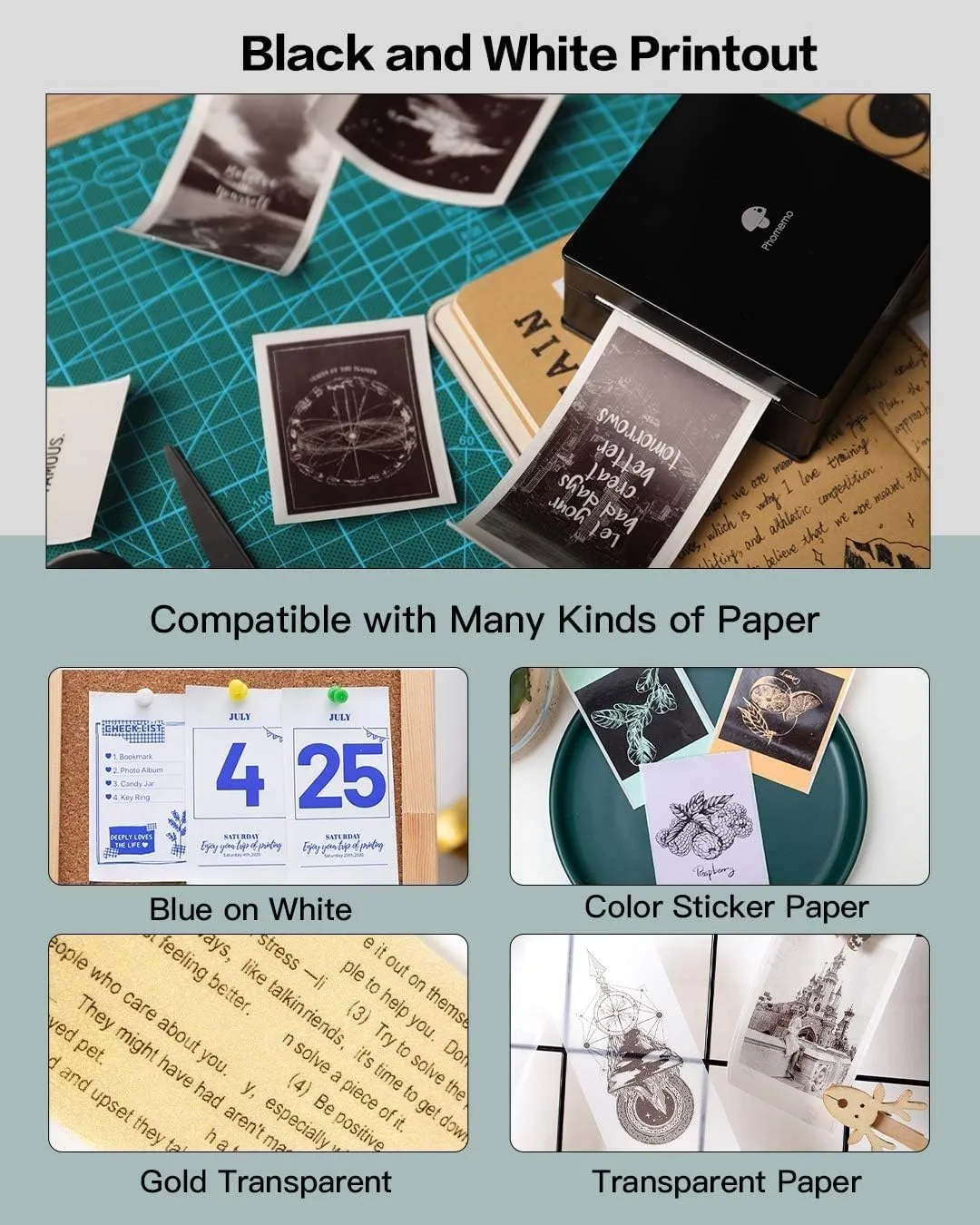Phomemo Sticker Printer- Mini Printer Sticker Maker M02, Sticker Maker Machine with 1 Rolls Paper, Print Pod Thermal Inkless Pocket for Learning Assistance, Study Notes, Photos, Work, Black