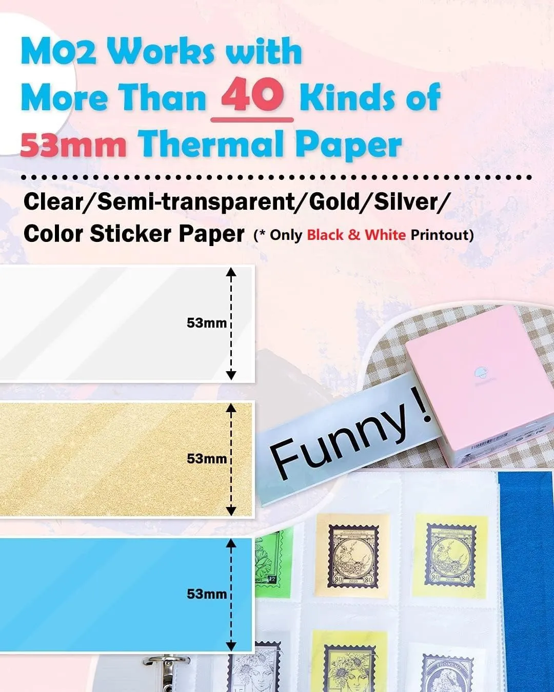 Phomemo Sticker Printer- Mini Printer Sticker Maker M02, Sticker Maker Machine with 1 Rolls Paper, Print Pod Thermal Inkless Pocket for Learning Assistance, Study Notes, Photos, Work, Pink