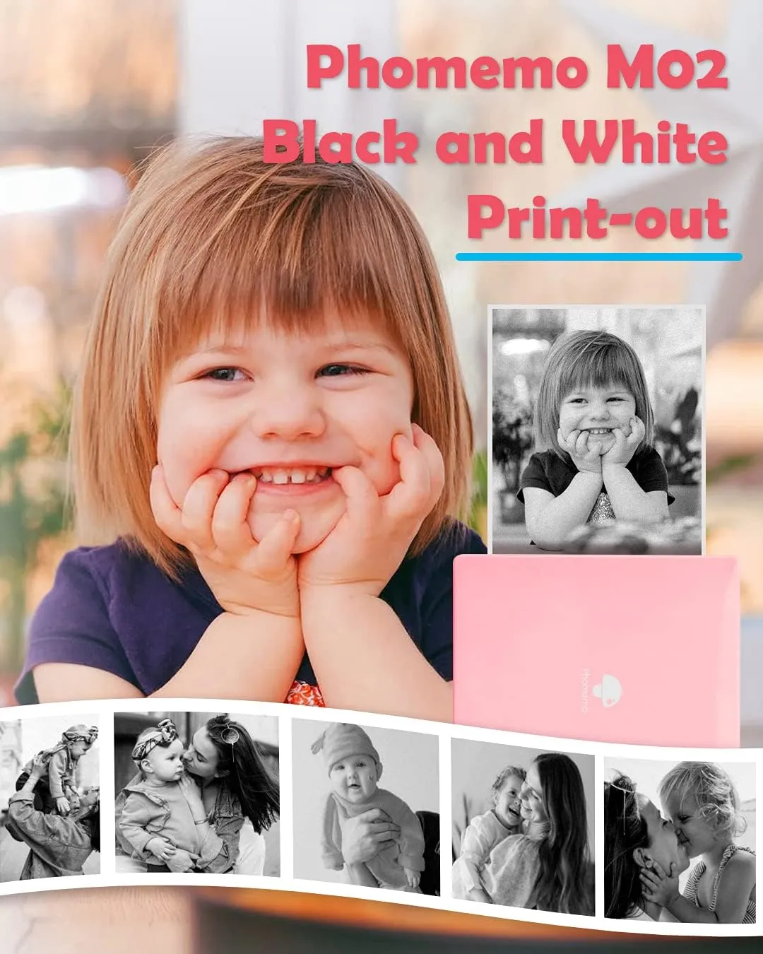Phomemo Sticker Printer- Mini Printer Sticker Maker M02, Sticker Maker Machine with 1 Rolls Paper, Print Pod Thermal Inkless Pocket for Learning Assistance, Study Notes, Photos, Work, Pink