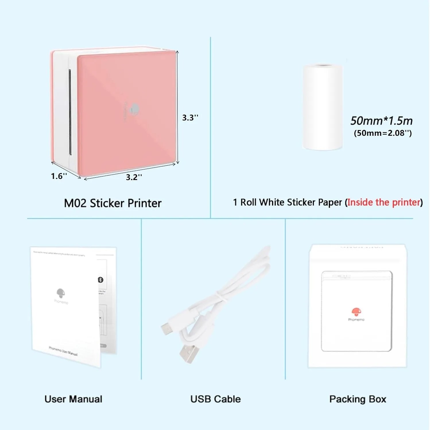 Phomemo Sticker Printer- Mini Printer Sticker Maker M02, Sticker Maker Machine with 1 Rolls Paper, Print Pod Thermal Inkless Pocket for Learning Assistance, Study Notes, Photos, Work, Pink