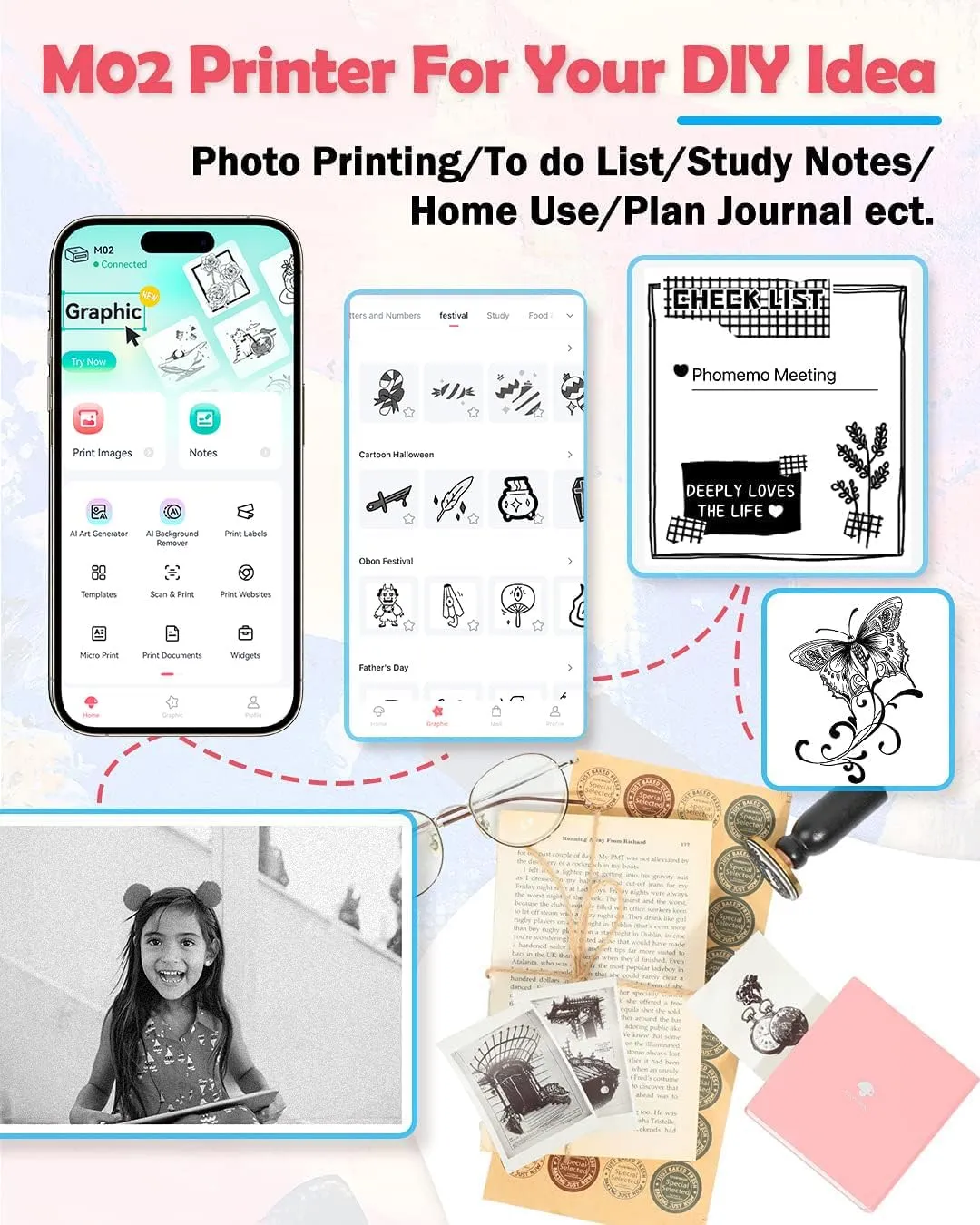 Phomemo Sticker Printer- Mini Printer Sticker Maker M02, Sticker Maker Machine with 1 Rolls Paper, Print Pod Thermal Inkless Pocket for Learning Assistance, Study Notes, Photos, Work, Pink