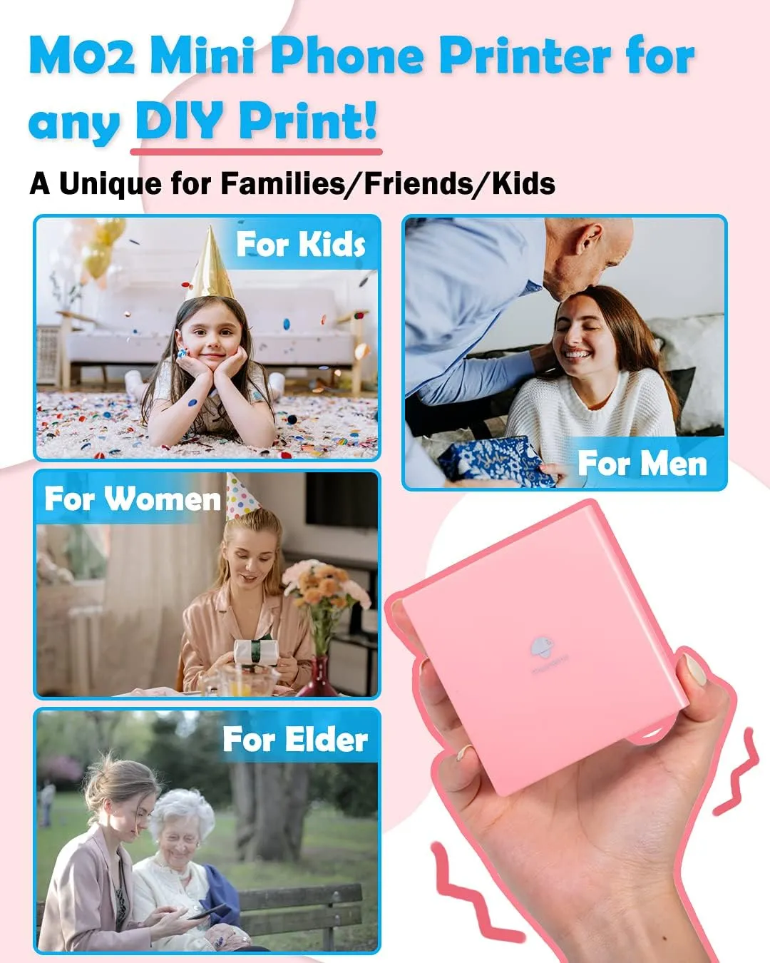 Phomemo Sticker Printer- Mini Printer Sticker Maker M02, Sticker Maker Machine with 1 Rolls Paper, Print Pod Thermal Inkless Pocket for Learning Assistance, Study Notes, Photos, Work, Pink