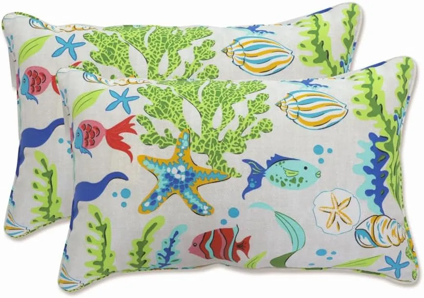 Pillow Perfect Outdoor/Indoor Pillows, Lumbar - 11.5" x 18.5", Blue Coral Bay 2 Count