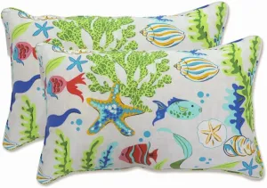 Pillow Perfect Outdoor/Indoor Pillows, Lumbar - 11.5" x 18.5", Blue Coral Bay 2 Count