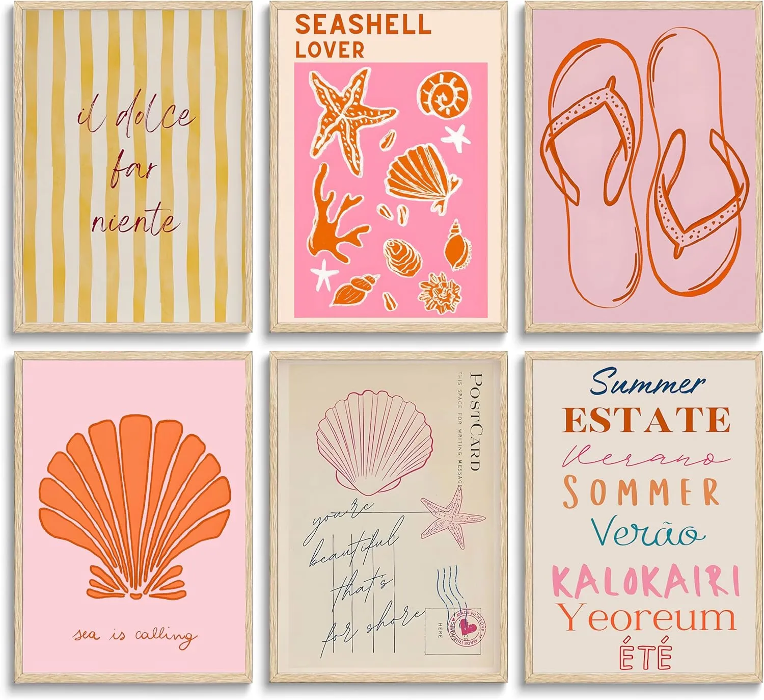 Pink Beach Preppy Canvas Wall art Starfish Shells Postcard Pictures Paintings Pre-College Students Vacation Posters Prints for Girls Room Girls Dorm Home Living Room Bathroom Decoration Unframed