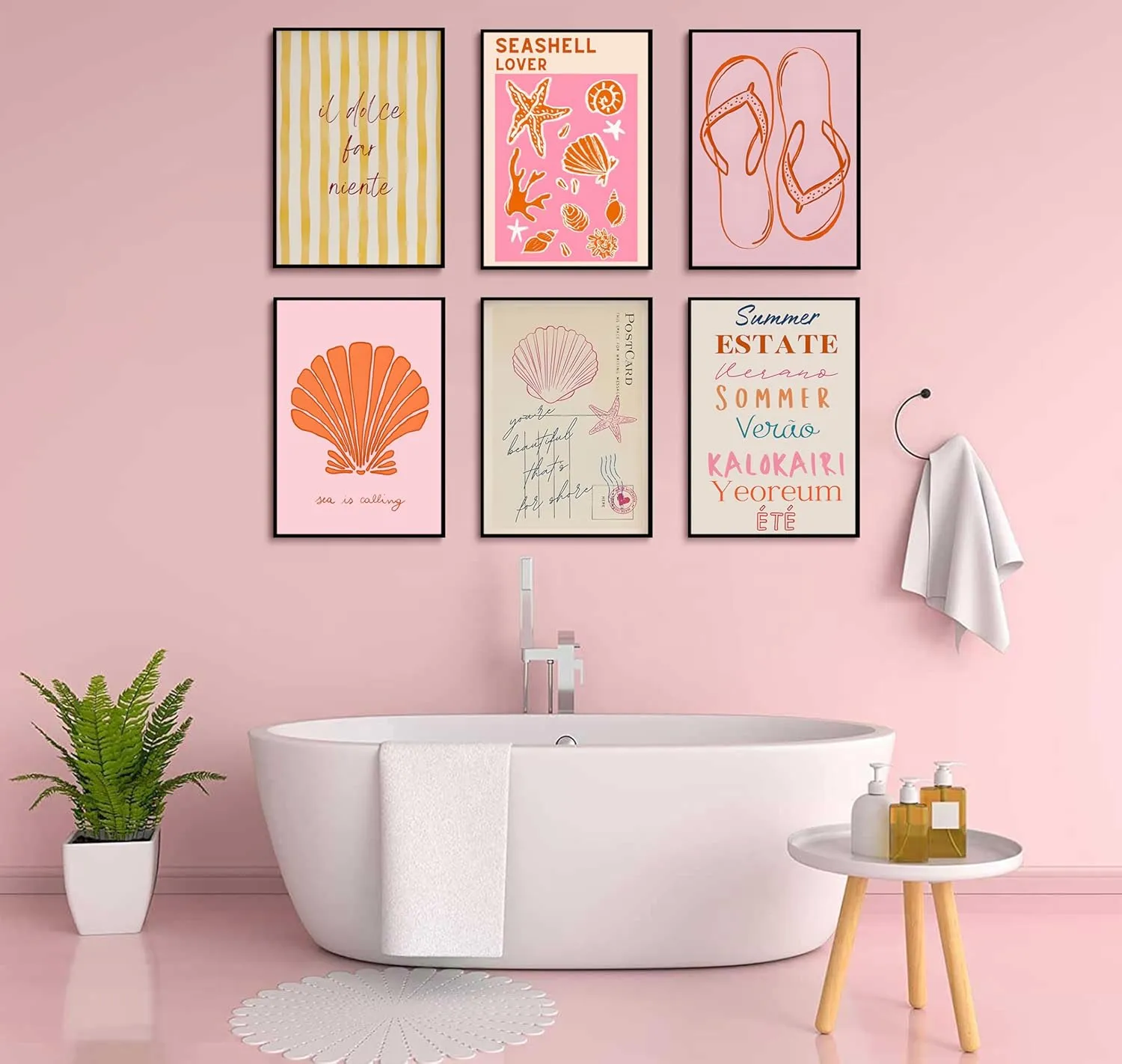 Pink Beach Preppy Canvas Wall art Starfish Shells Postcard Pictures Paintings Pre-College Students Vacation Posters Prints for Girls Room Girls Dorm Home Living Room Bathroom Decoration Unframed