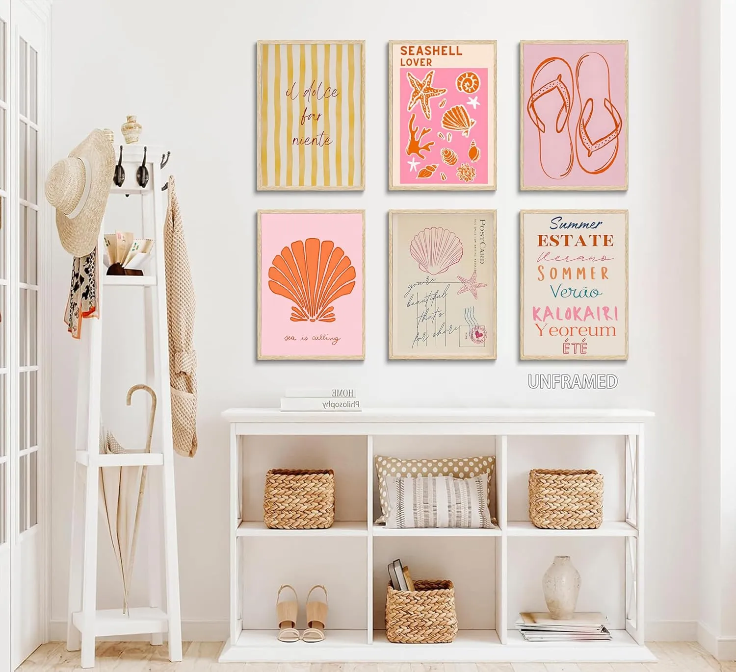 Pink Beach Preppy Canvas Wall art Starfish Shells Postcard Pictures Paintings Pre-College Students Vacation Posters Prints for Girls Room Girls Dorm Home Living Room Bathroom Decoration Unframed