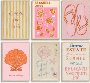 Pink Beach Preppy Canvas Wall art Starfish Shells Postcard Pictures Paintings Pre-College Students Vacation Posters Prints for Girls Room Girls Dorm Home Living Room Bathroom Decoration Unframed