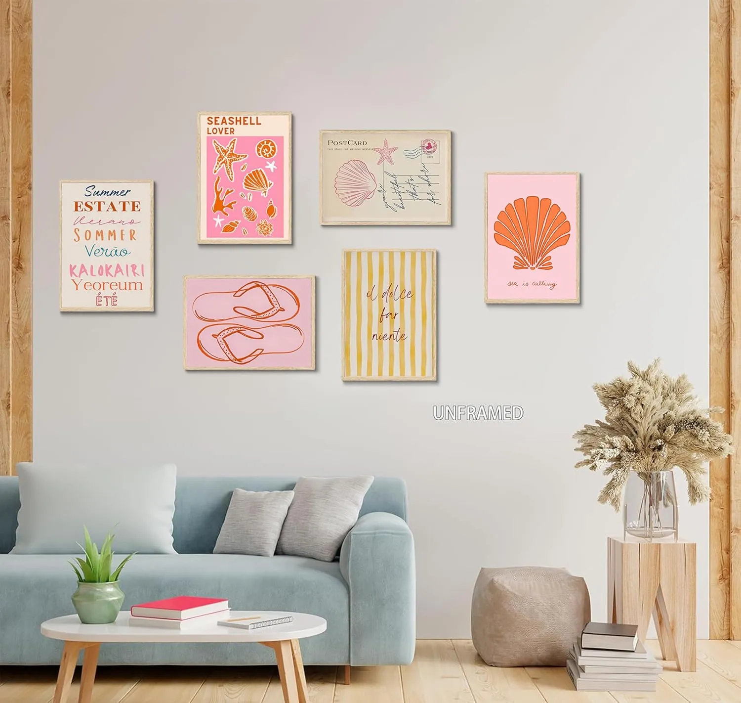 Pink Beach Preppy Canvas Wall art Starfish Shells Postcard Pictures Paintings Pre-College Students Vacation Posters Prints for Girls Room Girls Dorm Home Living Room Bathroom Decoration Unframed