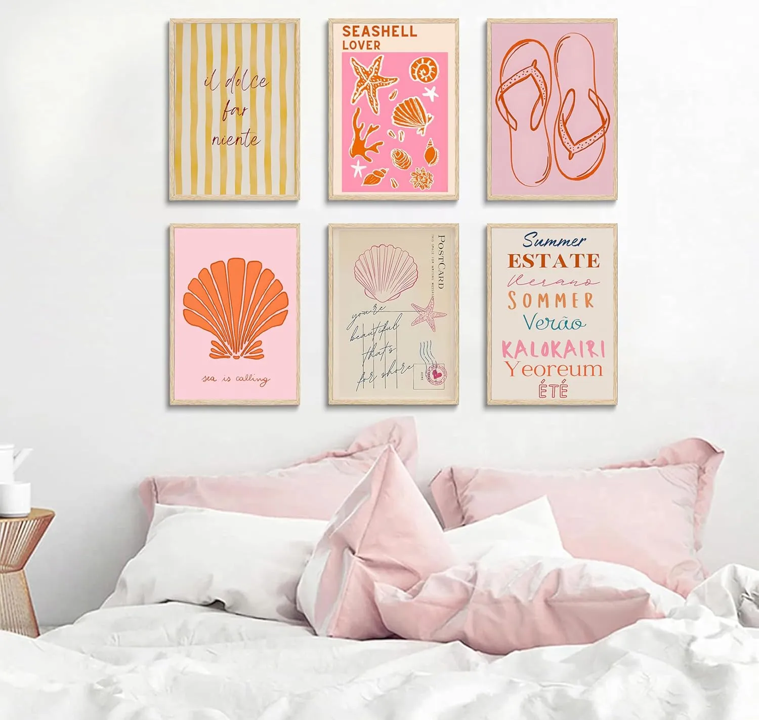 Pink Beach Preppy Canvas Wall art Starfish Shells Postcard Pictures Paintings Pre-College Students Vacation Posters Prints for Girls Room Girls Dorm Home Living Room Bathroom Decoration Unframed