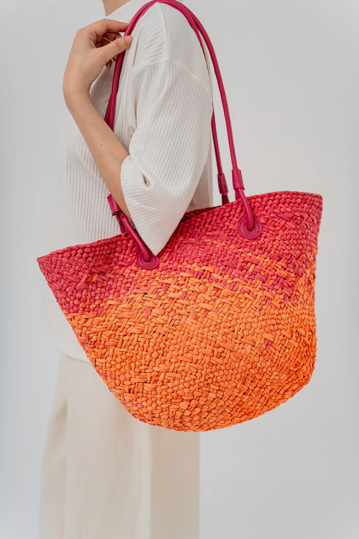 Pink Boho Straw Beach Tote