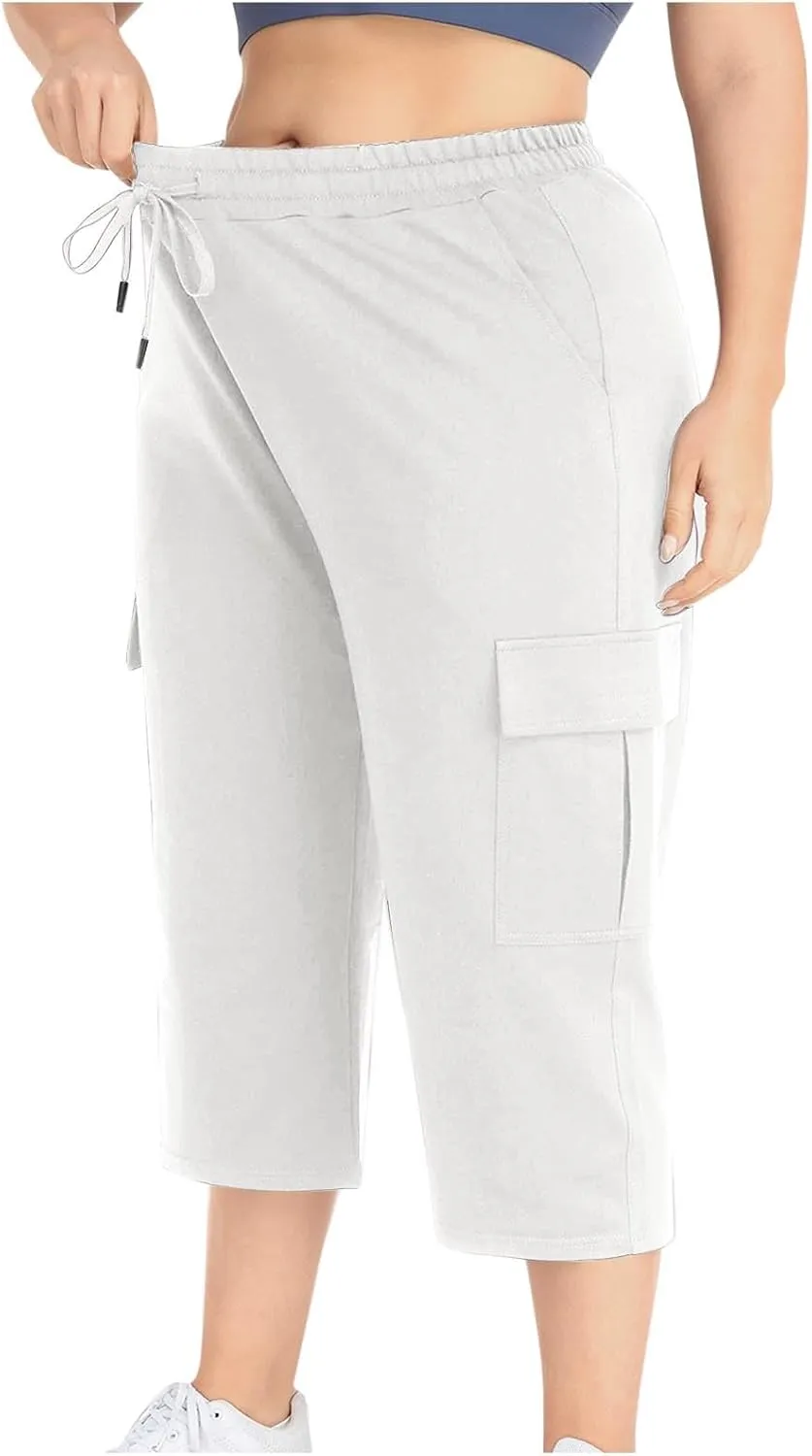 Plus Size Cargo Capris Women's Summer Casual Drawstring Lightweight Outdoor Travel Hiking Cropped Pants with 6 Pockets