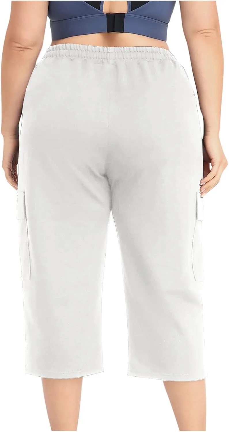 Plus Size Cargo Capris Women's Summer Casual Drawstring Lightweight Outdoor Travel Hiking Cropped Pants with 6 Pockets
