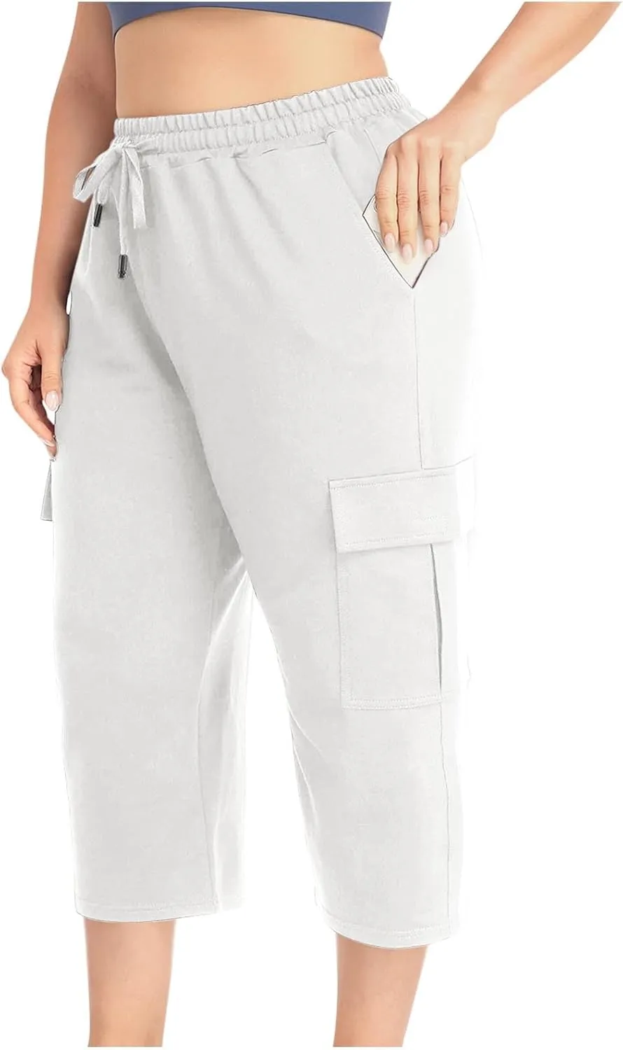 Plus Size Cargo Capris Women's Summer Casual Drawstring Lightweight Outdoor Travel Hiking Cropped Pants with 6 Pockets