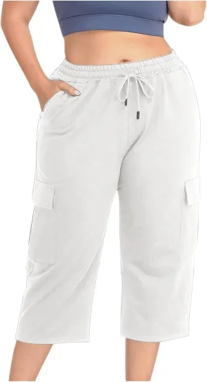 Plus Size Cargo Capris Women's Summer Casual Drawstring Lightweight Outdoor Travel Hiking Cropped Pants with 6 Pockets