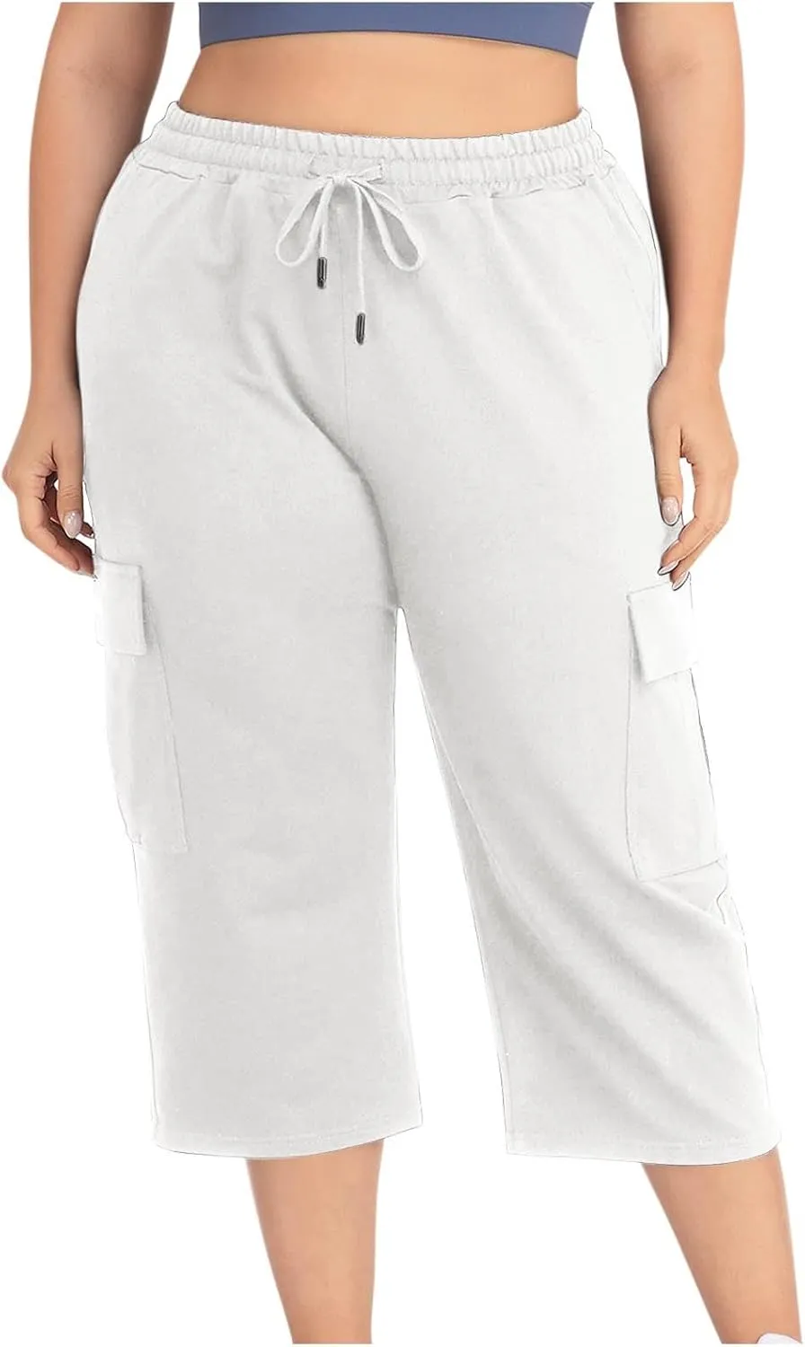 Plus Size Cargo Capris Women's Summer Casual Drawstring Lightweight Outdoor Travel Hiking Cropped Pants with 6 Pockets