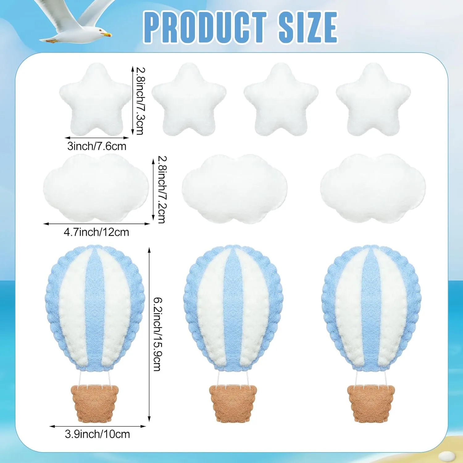 Poen 10 Pcs Star Hot Air Balloon and Cloud Nursery Decor Western Wall Decor for Bedroom Mini Felt Clouds Stars Hot Air Balloon Nursery Felt Wall for Kids Baby Bedroom(Blue)