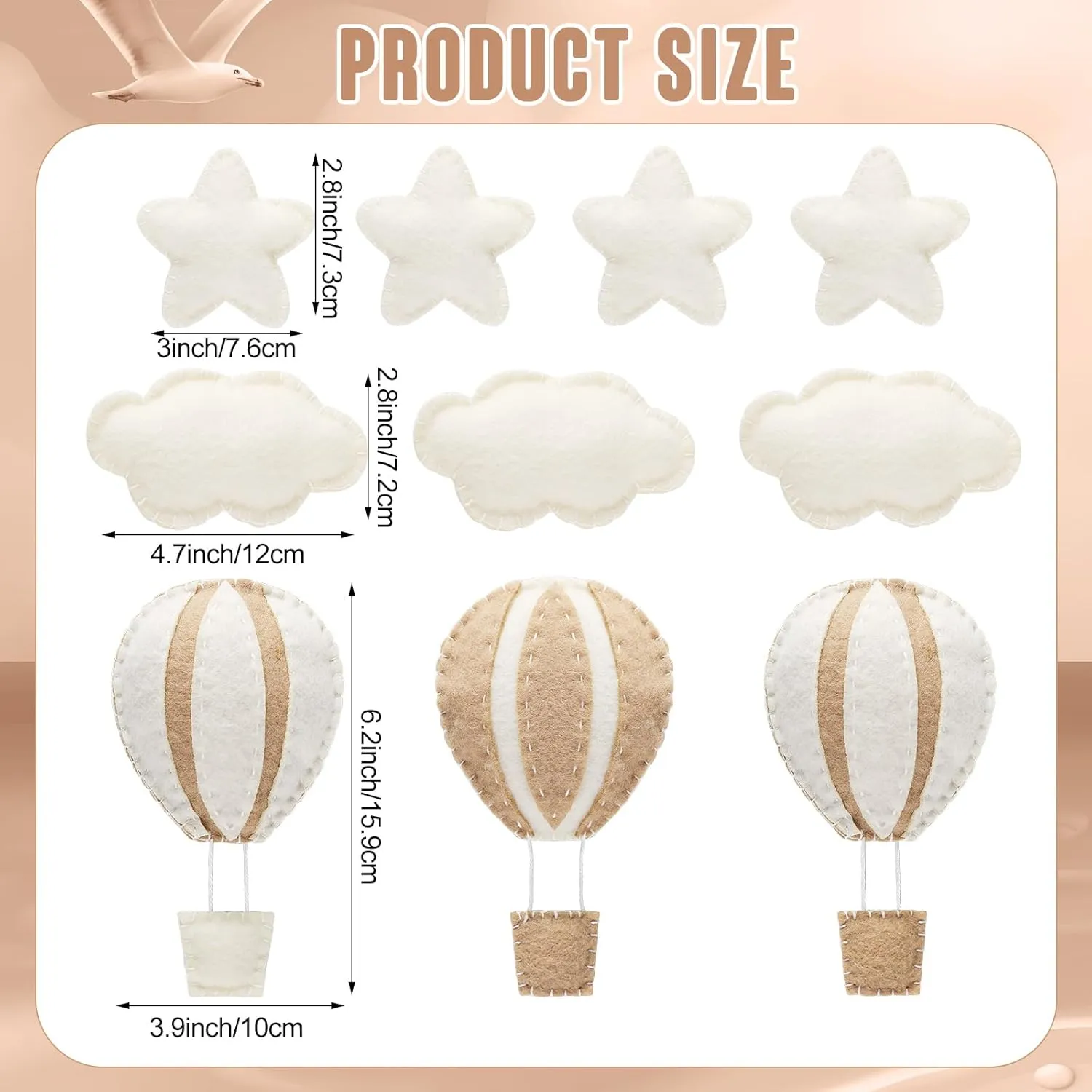 Poen 10 Pcs Star Hot Air Balloon and Cloud Nursery Decor Western Wall Decor for Bedroom Mini Felt Clouds Stars Hot Air Balloon Nursery Felt Wall for Kids Baby Bedroom(Khaki)