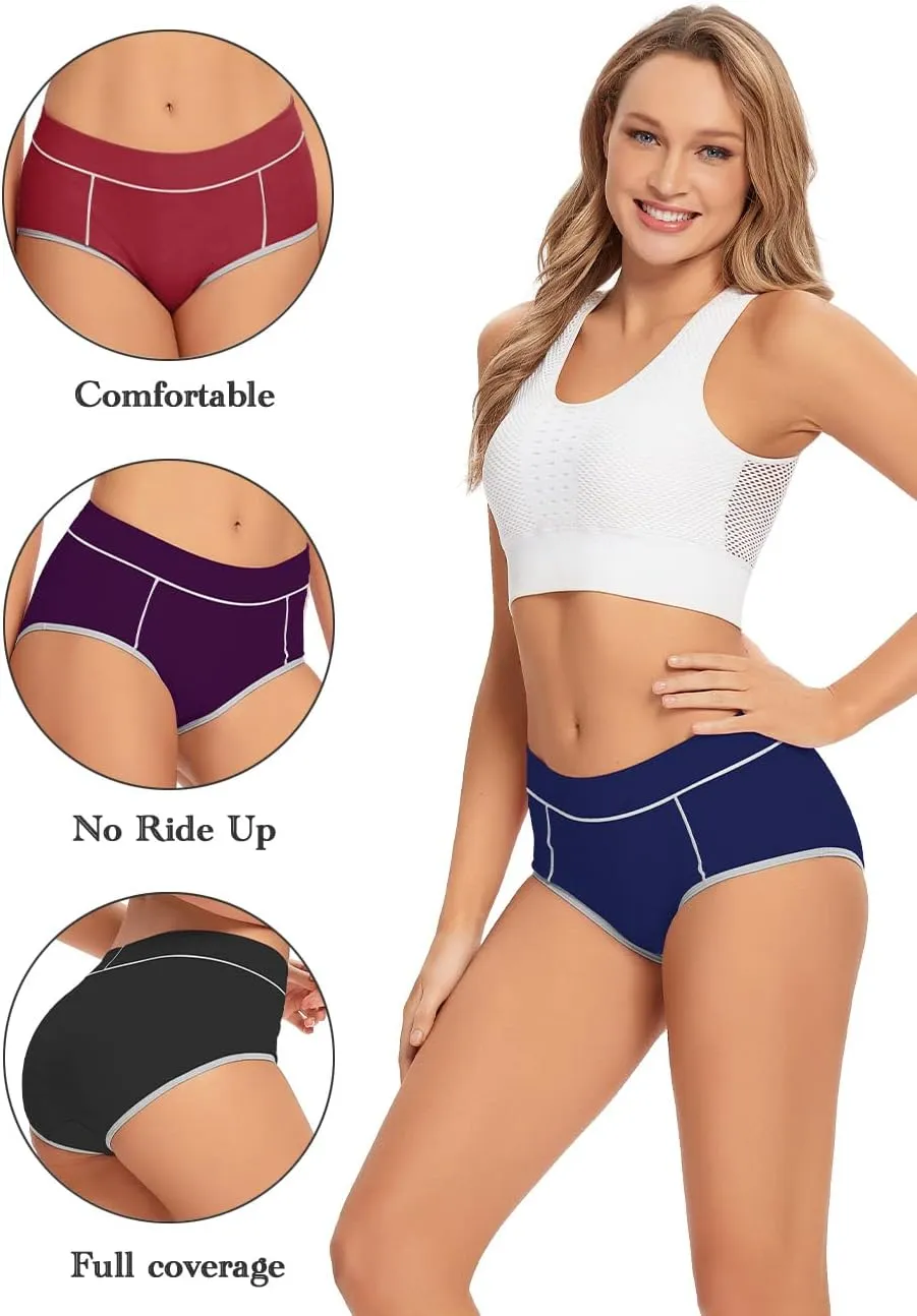 POKARLA Women's Cotton Stretch Underwear Ladies Mid-high Waisted Briefs Panties 5-Pack