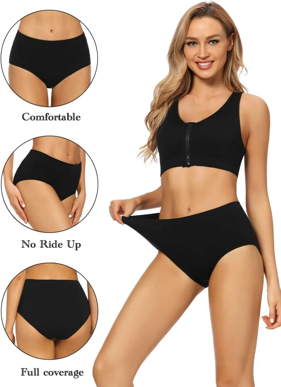 POKARLA Women's Cotton Stretch Underwear Ladies Mid-high Waisted Briefs Panties 5-Pack