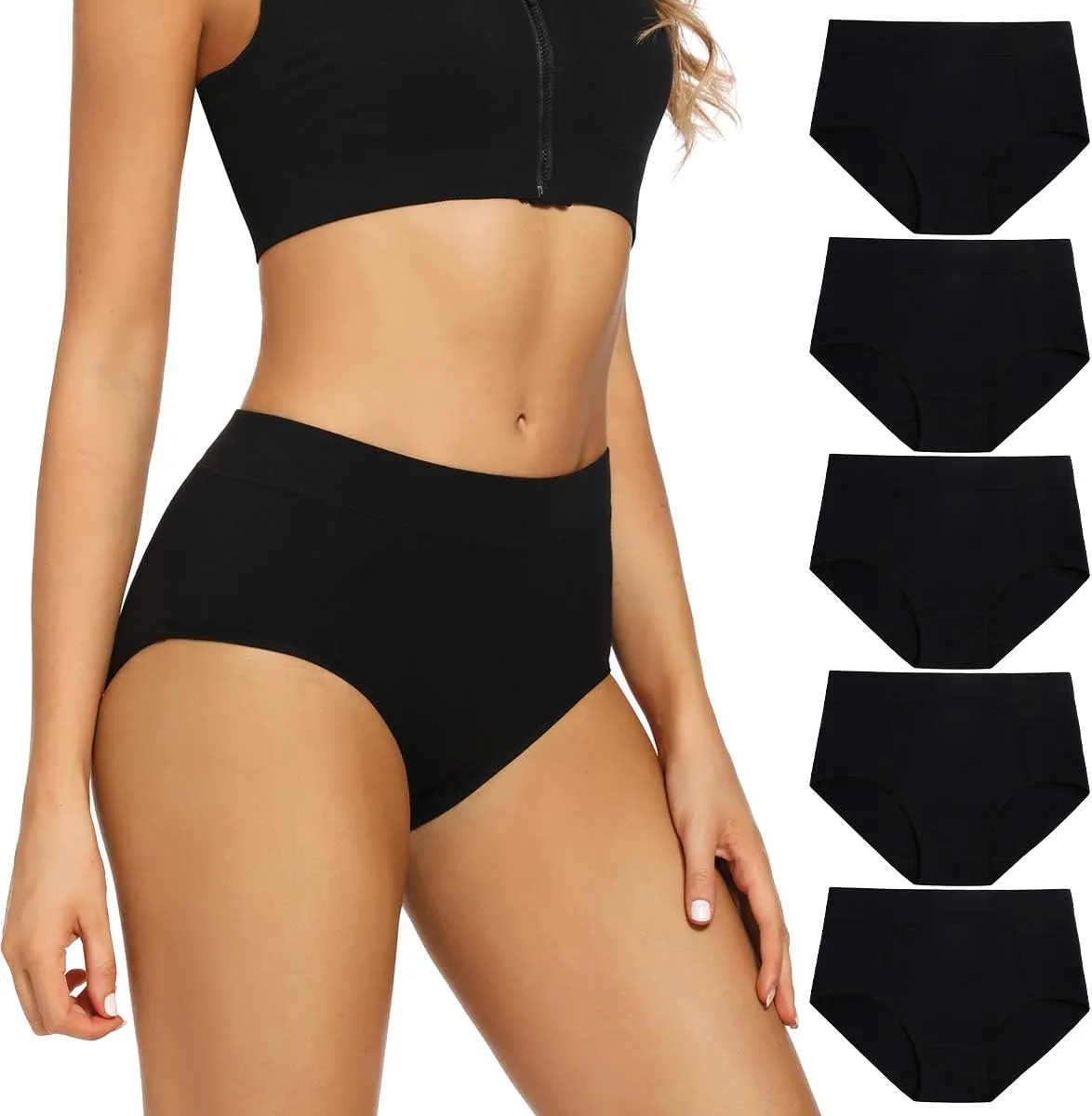 POKARLA Women's Cotton Stretch Underwear Ladies Mid-high Waisted Briefs Panties 5-Pack