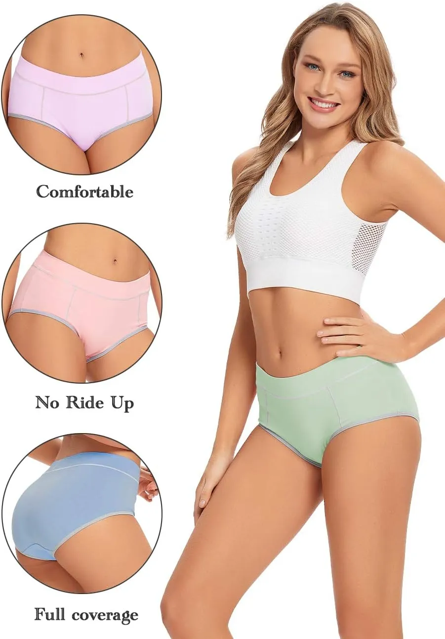 POKARLA Women's Cotton Stretch Underwear Ladies Mid-high Waisted Briefs Panties 5-Pack