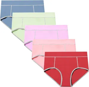 POKARLA Women's Cotton Stretch Underwear Ladies Mid-high Waisted Briefs Panties 5-Pack