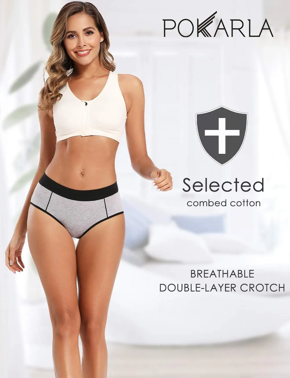 POKARLA Women's Cotton Stretch Underwear Ladies Mid-high Waisted Briefs Panties 5-Pack