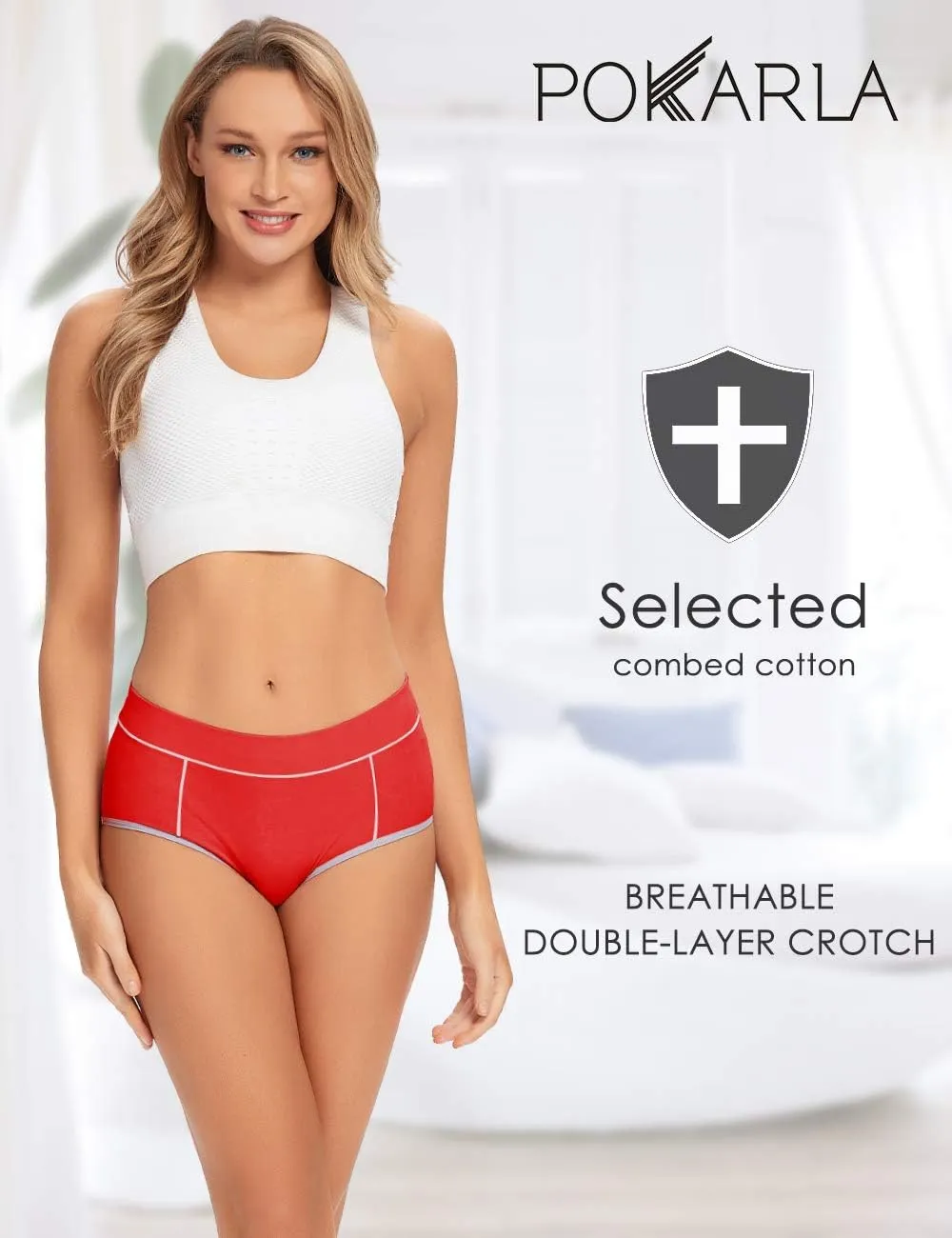 POKARLA Women's Cotton Stretch Underwear Ladies Mid-high Waisted Briefs Panties 5-Pack