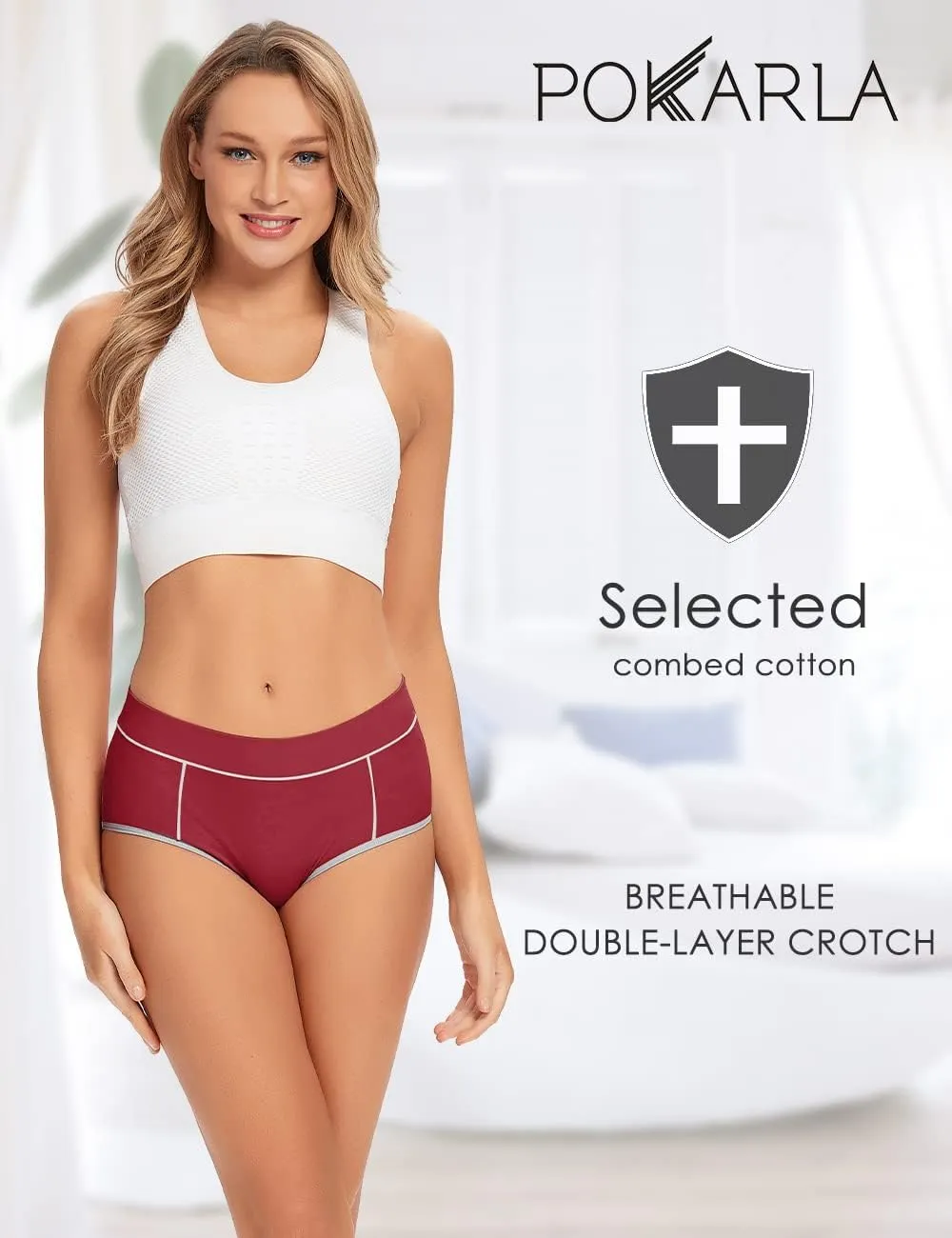 POKARLA Women's Cotton Stretch Underwear Ladies Mid-high Waisted Briefs Panties 5-Pack