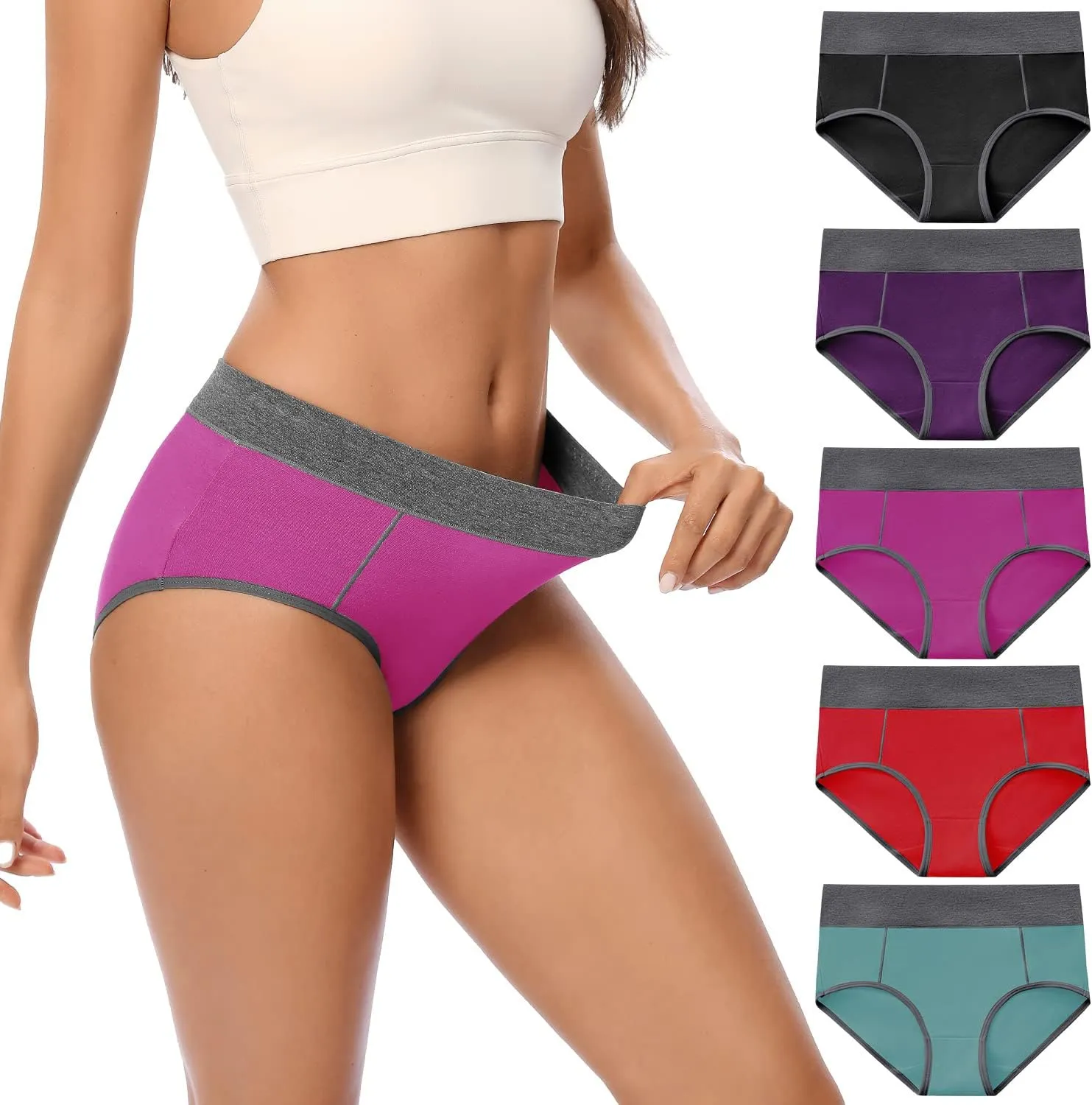 POKARLA Women's Cotton Stretch Underwear Ladies Mid-high Waisted Briefs Panties 5-Pack