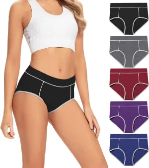 POKARLA Women's Cotton Stretch Underwear Ladies Mid-high Waisted Briefs Panties 5-Pack