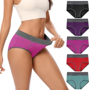 POKARLA Women's Cotton Stretch Underwear Ladies Mid-high Waisted Briefs Panties 5-Pack
