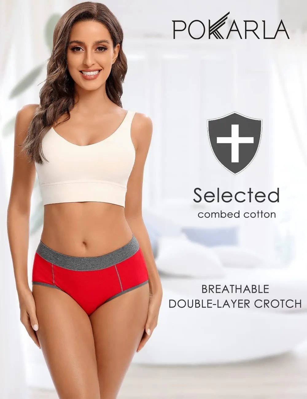 POKARLA Women's Cotton Stretch Underwear Ladies Mid-high Waisted Briefs Panties 5-Pack