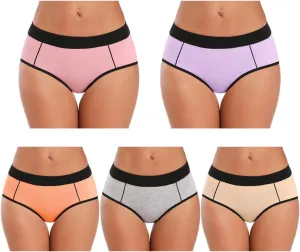 POKARLA Women's Cotton Stretch Underwear Ladies Mid-high Waisted Briefs Panties 5-Pack