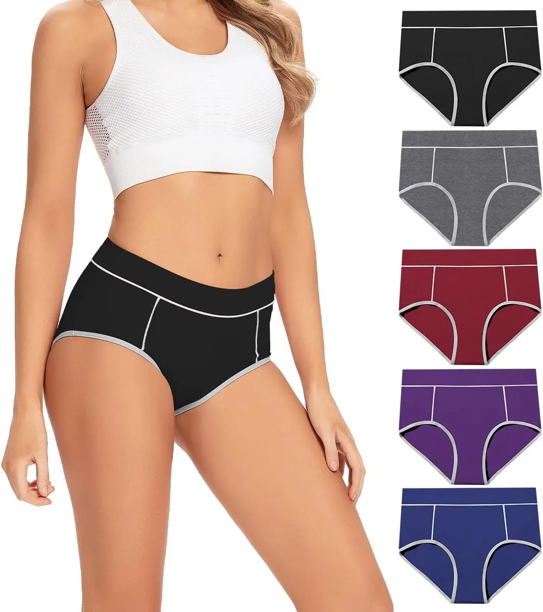POKARLA Women's Cotton Stretch Underwear Ladies Mid-high Waisted Briefs Panties 5-Pack