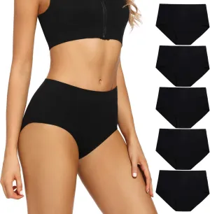POKARLA Women's Cotton Stretch Underwear Ladies Mid-high Waisted Briefs Panties 5-Pack