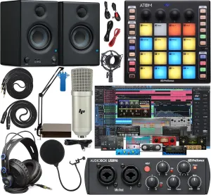 PreSonus AudioBox 96 Audio Interface Full Studio Bundle Includes Software Kit, ATOM MIDI Pad Controller, Eris 3.5 Pair Bluetooth Monitors, and Adjustable Suspension Boom Arm   HD7 Headphones
