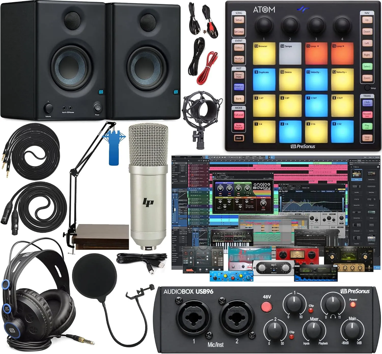 PreSonus AudioBox 96 Audio Interface Full Studio Bundle Includes Software Kit, ATOM MIDI Pad Controller, Eris 3.5 Pair Bluetooth Monitors, and Adjustable Suspension Boom Arm   HD7 Headphones