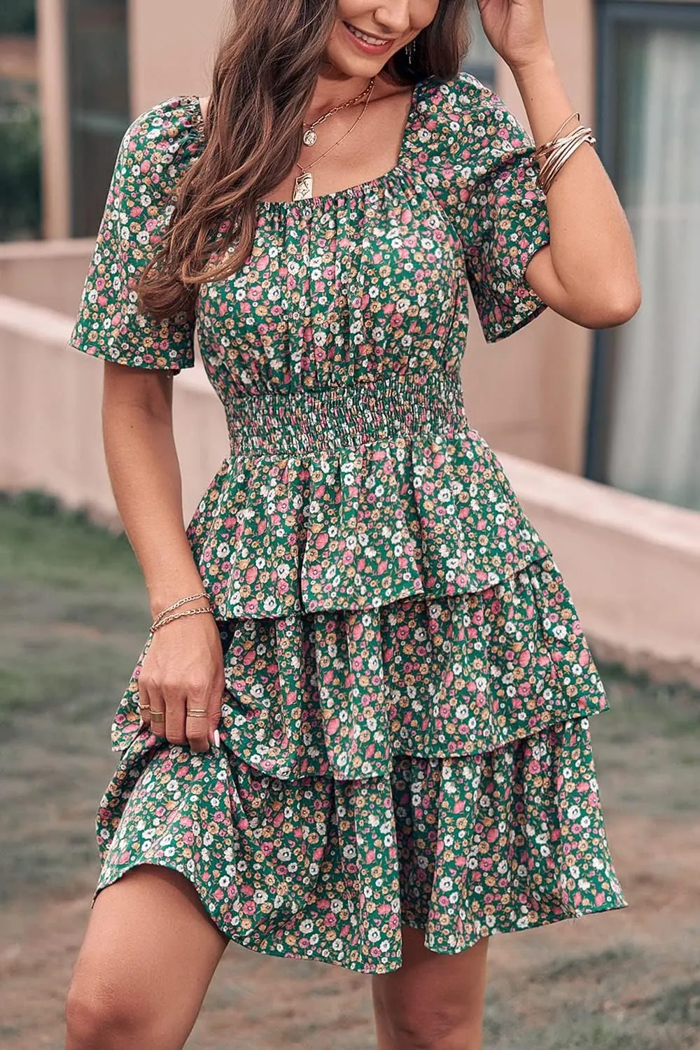 PRETTYGARDEN Women's 2025 Floral Summer Short Dress Square Neck Short Sleeve Tiered Ruffle Boho Swing Dresses
