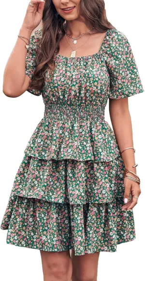 PRETTYGARDEN Women's 2025 Floral Summer Short Dress Square Neck Short Sleeve Tiered Ruffle Boho Swing Dresses
