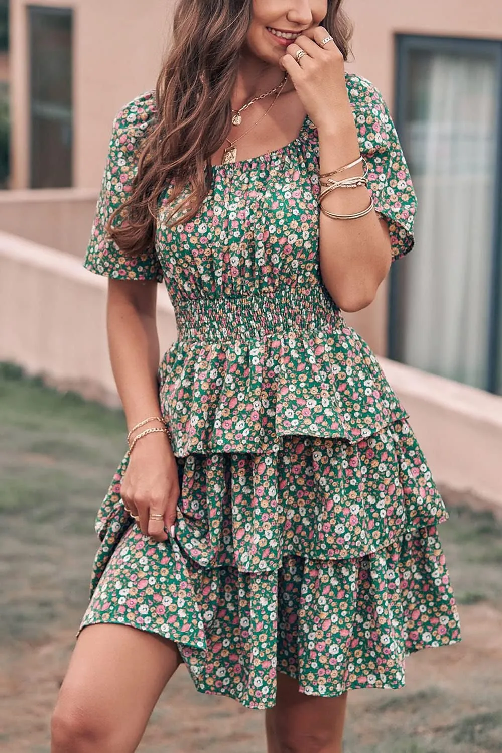 PRETTYGARDEN Women's 2025 Floral Summer Short Dress Square Neck Short Sleeve Tiered Ruffle Boho Swing Dresses