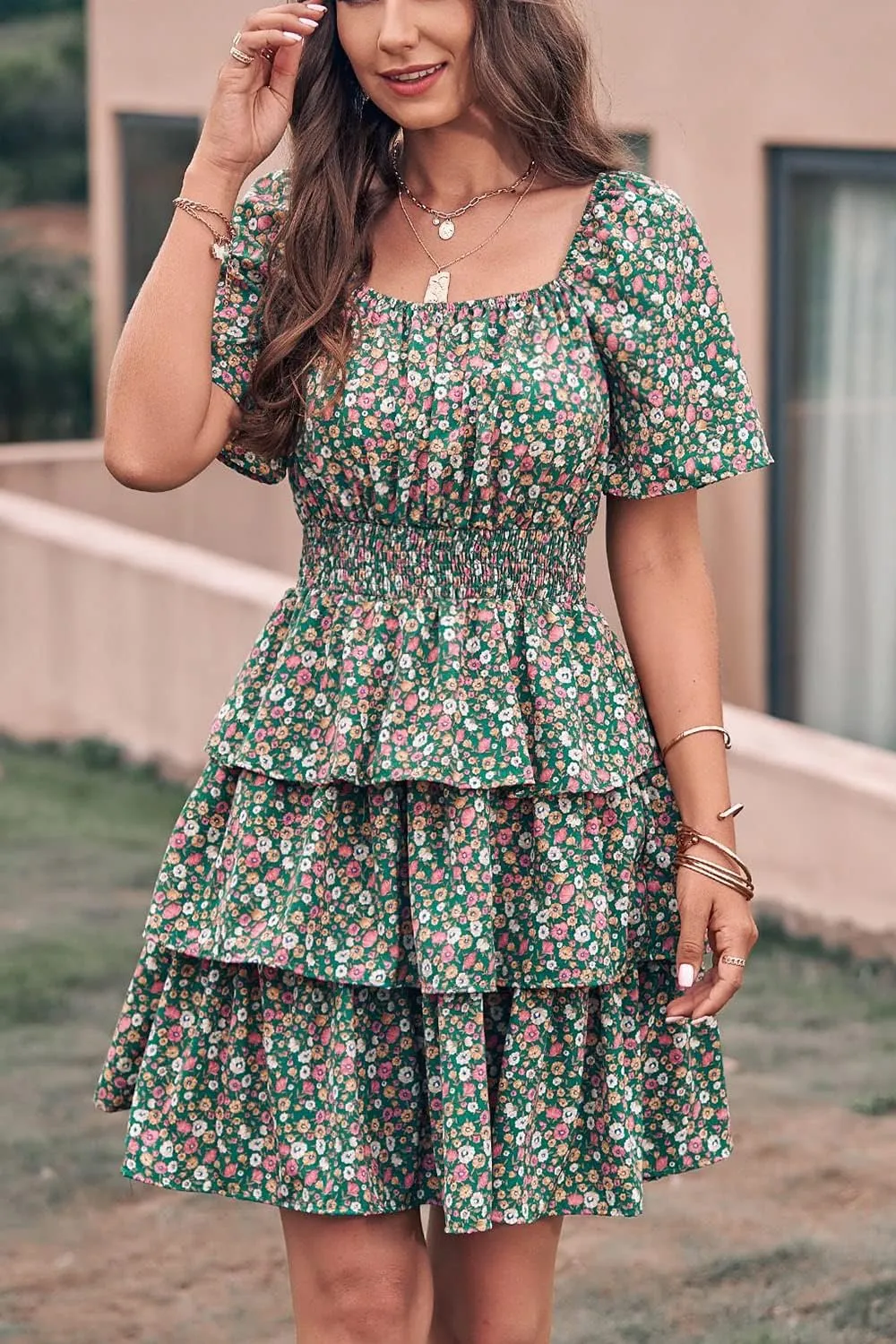 PRETTYGARDEN Women's 2025 Floral Summer Short Dress Square Neck Short Sleeve Tiered Ruffle Boho Swing Dresses