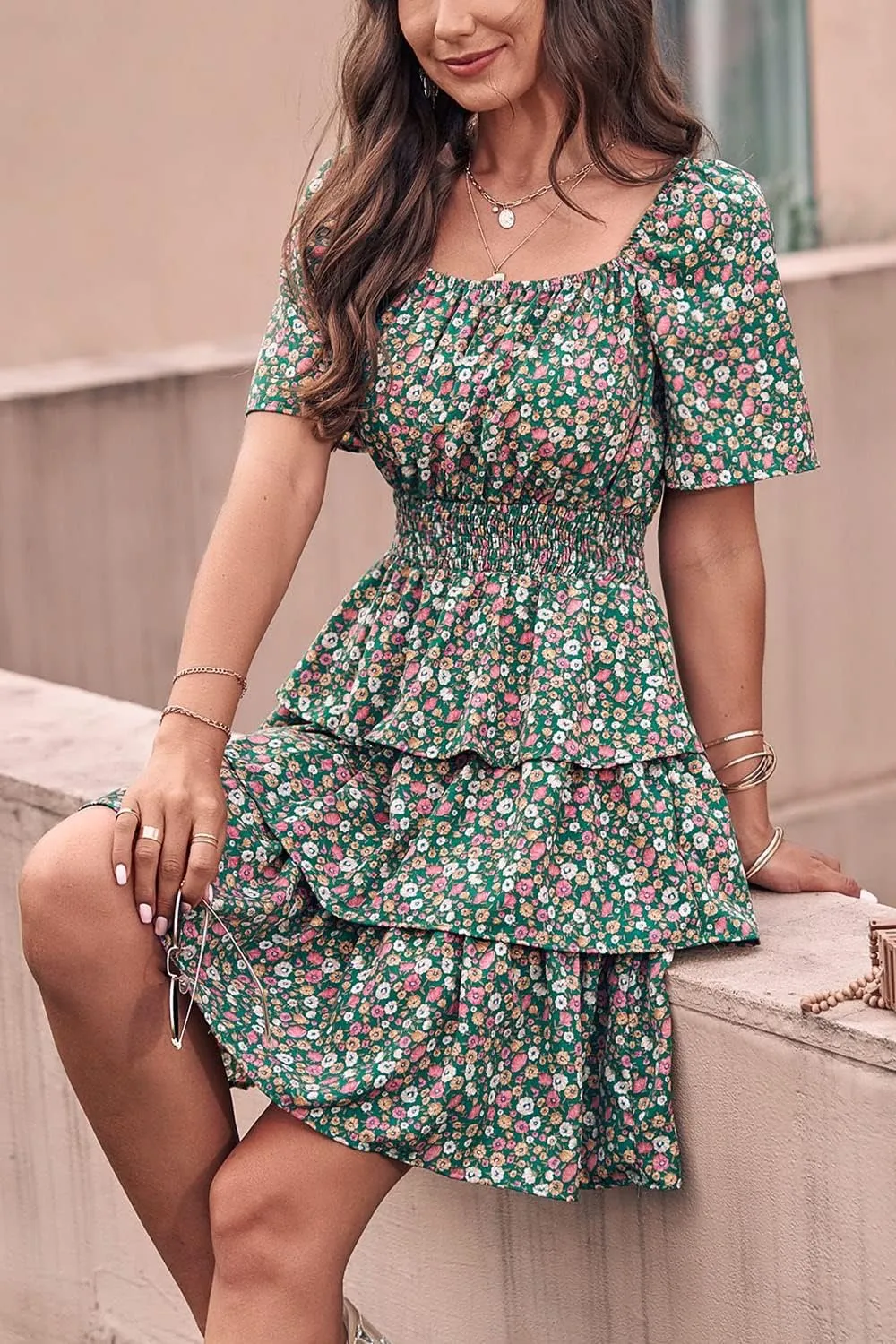 PRETTYGARDEN Women's 2025 Floral Summer Short Dress Square Neck Short Sleeve Tiered Ruffle Boho Swing Dresses