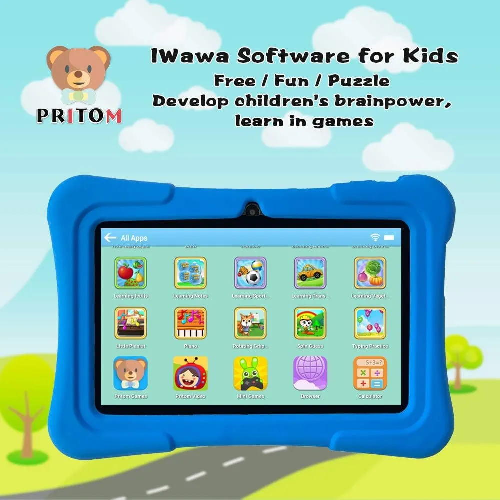 PRITOM 7 inch Kids Tablet, Quad Core Tablet Android, 32GB, WiFi, Bluetooth, Dual Camera, Educationl, Games,Parental Control, Kids Software Pre-Installed with Silicone Case (Dark Blue)