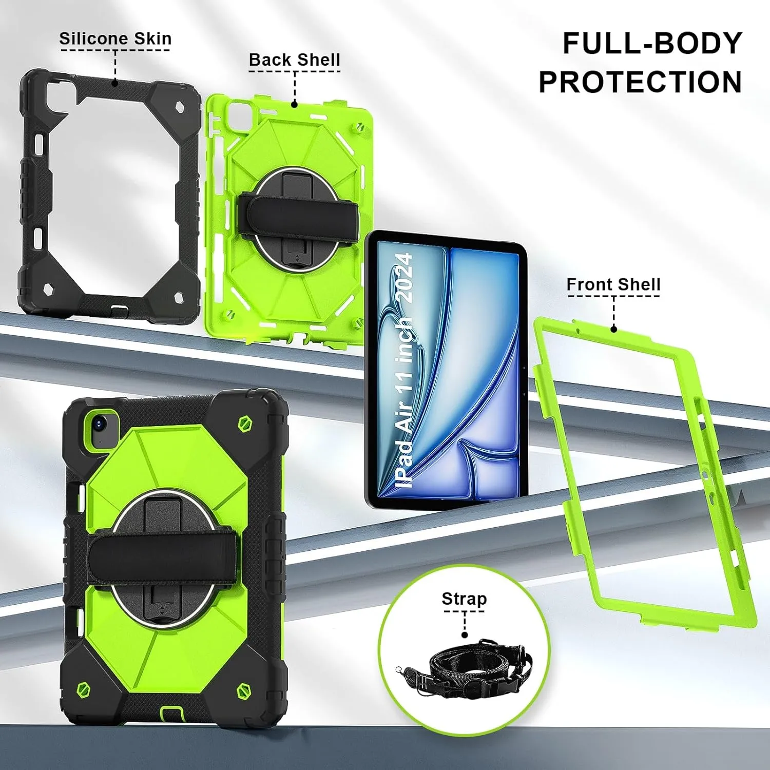 Protective Tablet Case Compatible with iPad Air 11inch M2 A2902 Released 2024 Shockproof Kids Case,[Kickstand] [Shoulder Strap] 360 Degree Rotating Hand Strap Stand Bracket Heavy Duty Rugged Cover Hea