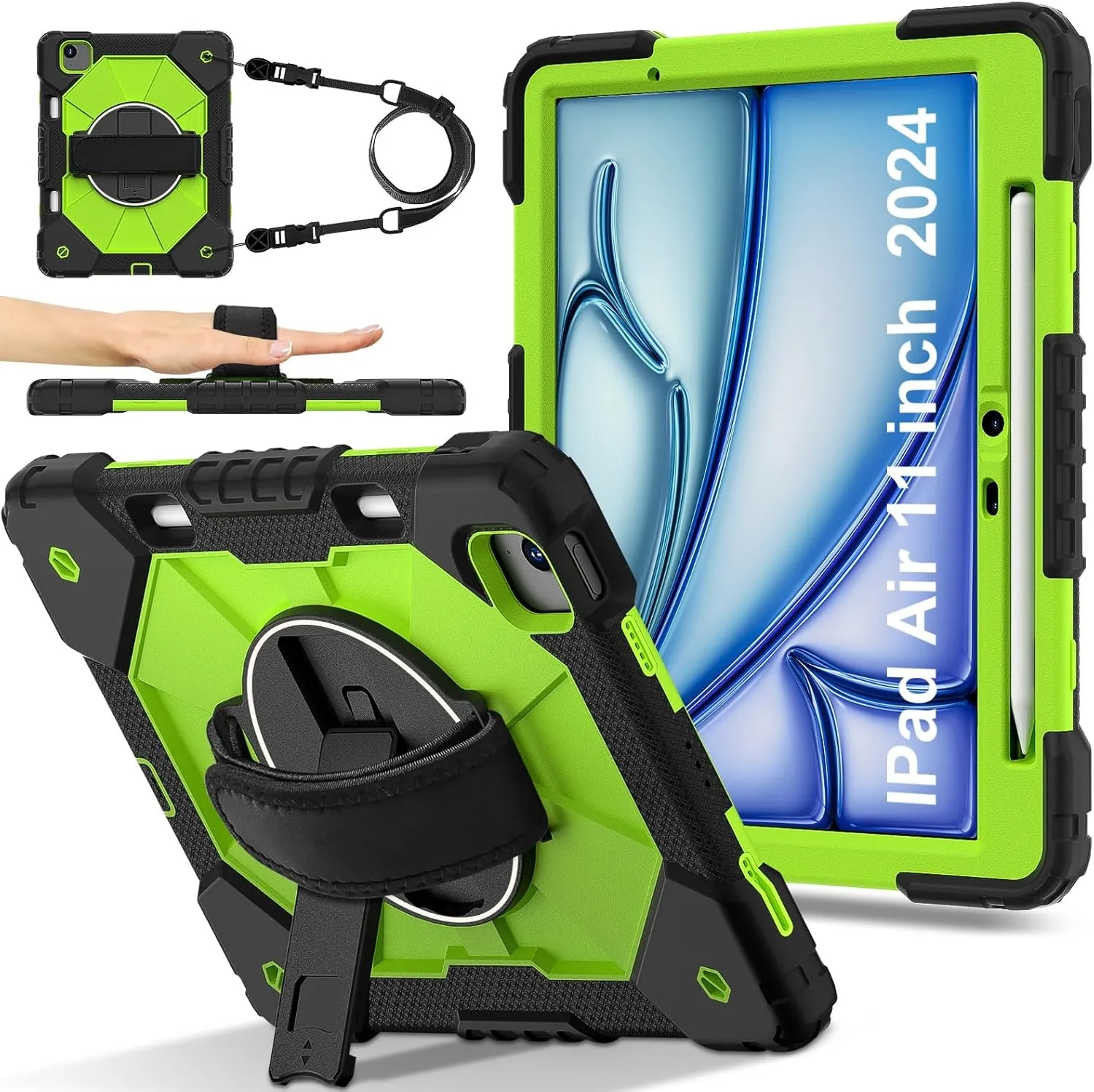 Protective Tablet Case Compatible with iPad Air 11inch M2 A2902 Released 2024 Shockproof Kids Case,[Kickstand] [Shoulder Strap] 360 Degree Rotating Hand Strap Stand Bracket Heavy Duty Rugged Cover Hea