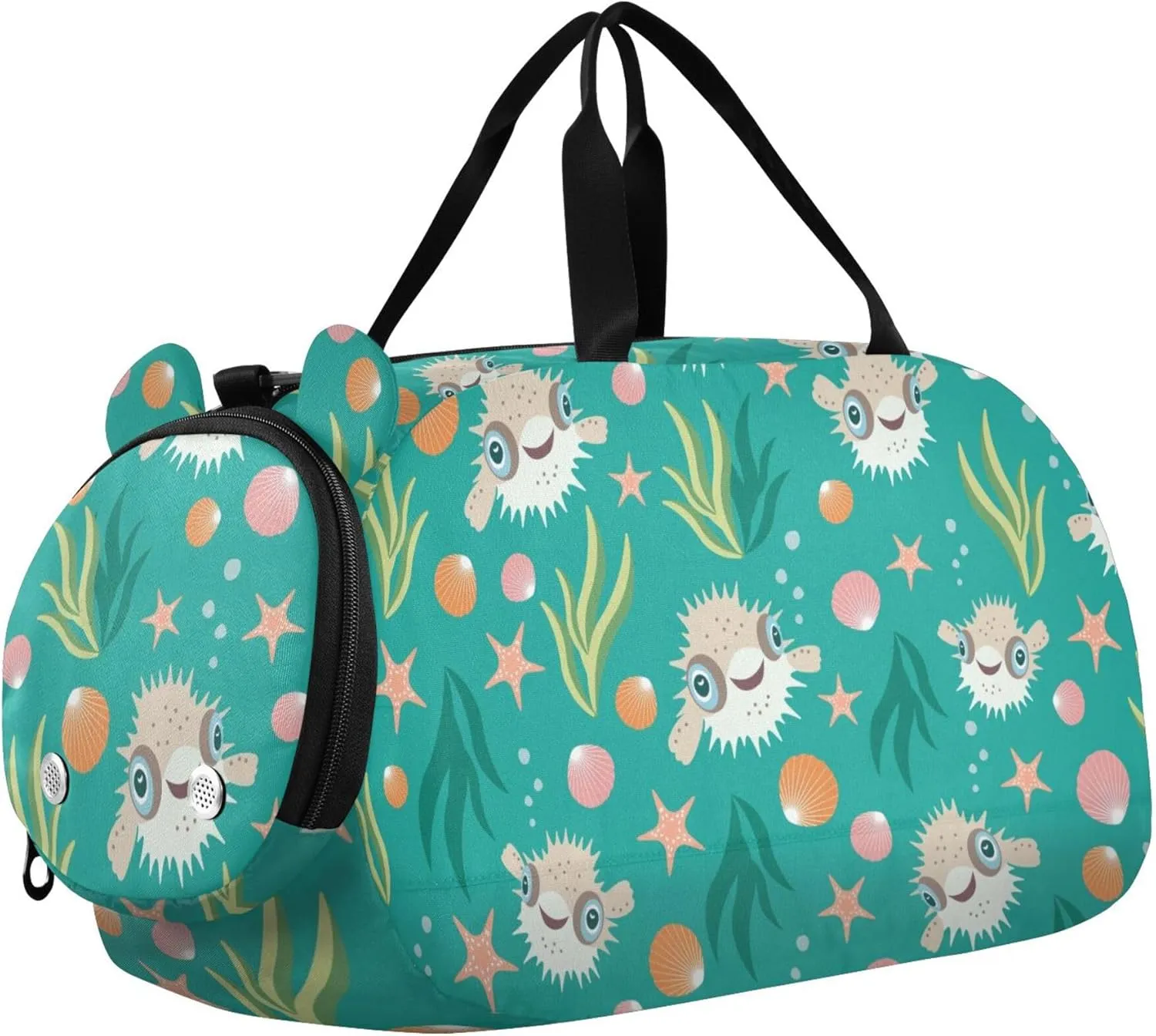 Puffer Fish and Seaweed Sports Duffle Bag for Girls Boys, Gym Bag with Shoe Compartment, Kids Travel Overnight Weekender Shoulder Bag