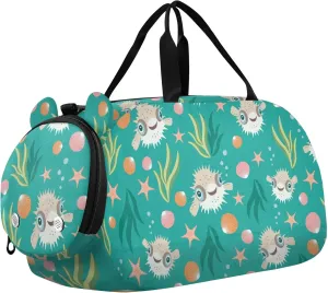 Puffer Fish and Seaweed Sports Duffle Bag for Girls Boys, Gym Bag with Shoe Compartment, Kids Travel Overnight Weekender Shoulder Bag