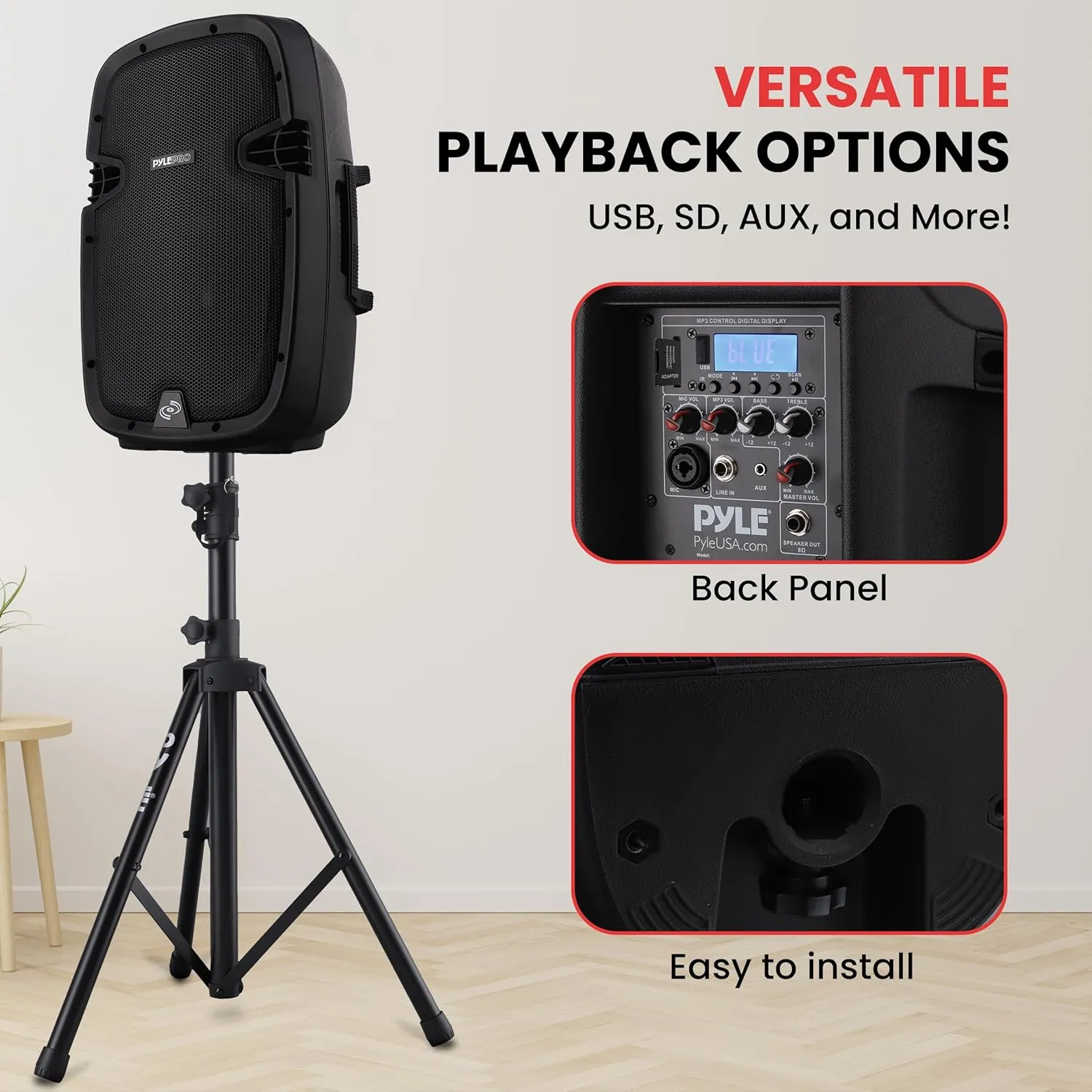 Pyle Wireless Portable PA system - 1000W High Powered Bluetooth Compatible Active   Passive Pair Outdoor Sound Speakers w/ USB SD MP3 AUX - 35mm Mount, 2 Stand, Microphone, Remote - Pyle PPHP1049KT